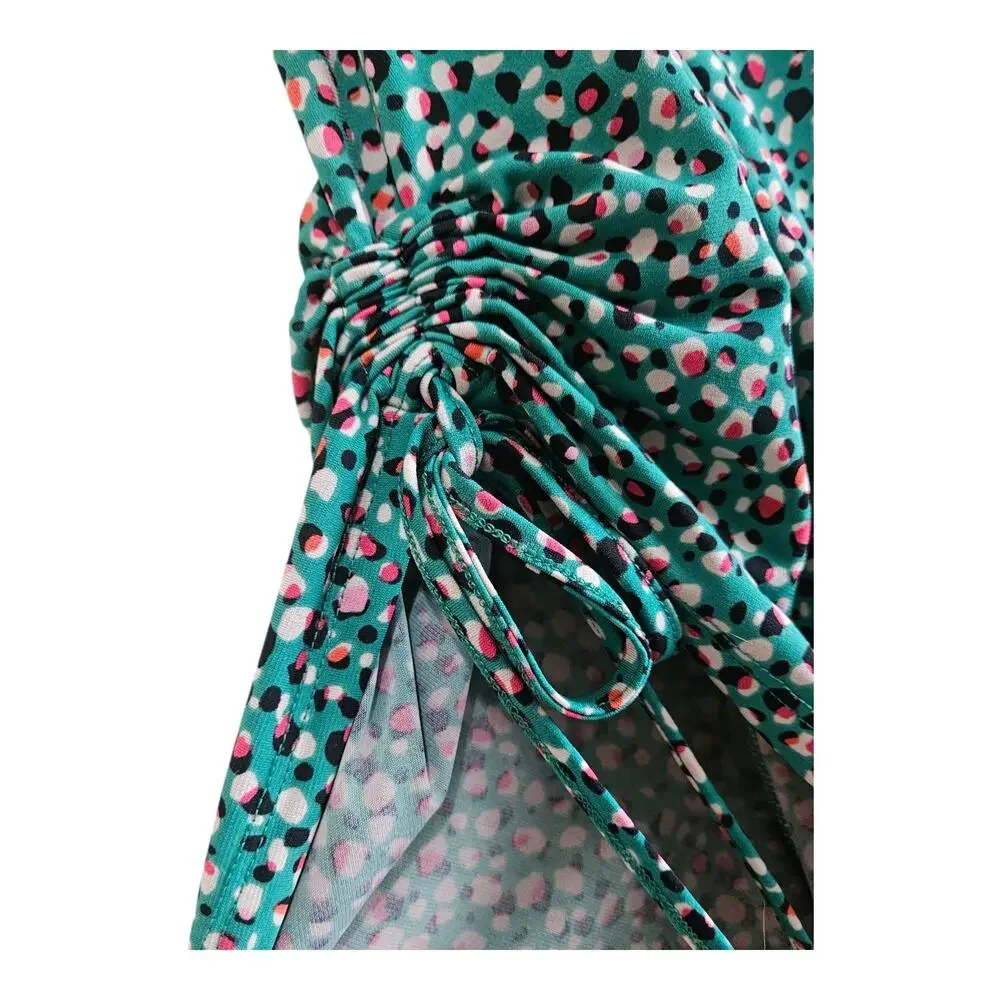 TORRID 6 Women's 30 Dress Midi V-Neck Green Pink Black Dots Faux Wrap Jersey